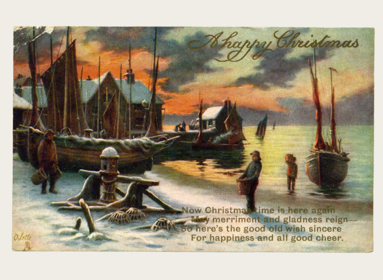 A postcard with a wintry scene of a bay. There are ships docked, and snow on the ground.