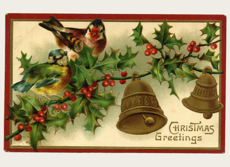 A Christmas postcard with holly, bells, and a robin.
