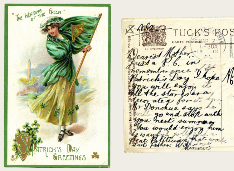 A St Patrick's day postcard with a woman holding a flag. 