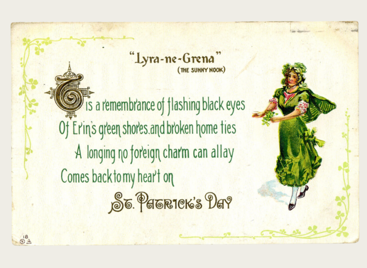 A St Patrick's day postcard  with a woman dressed in green.