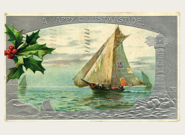A Christmas postcard of a ship at sea.