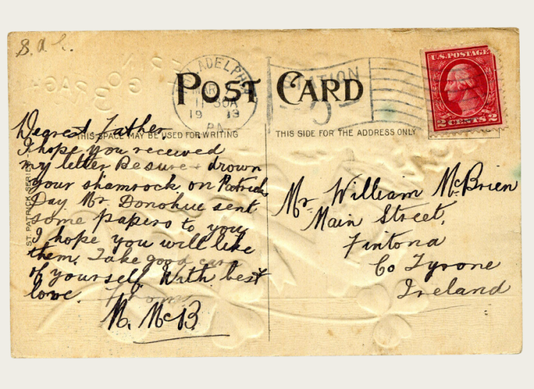 A St Patrick's day postcard from a son to his father, reminding him to drown the shamrock. 