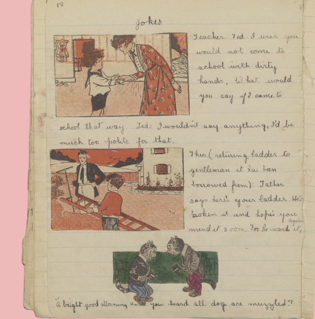 A page of a homemade magazine with cut out comic strips pasted in.