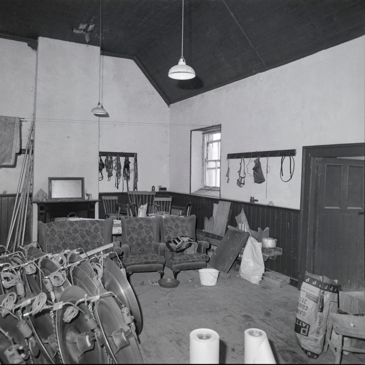 A black and white image of the inside of an Orange Hall.