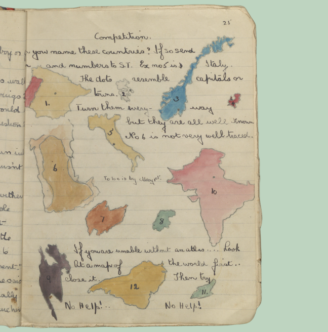 A handwritten page of a magazine with a competition to name the countries. 