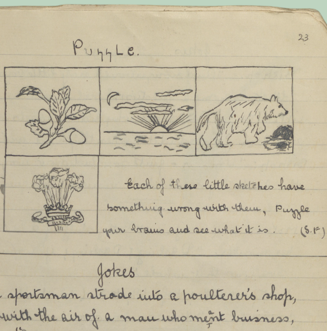 A handwritten page of a magazine with a puzzle inviting readers to figure out what is wrong in each drawing.
