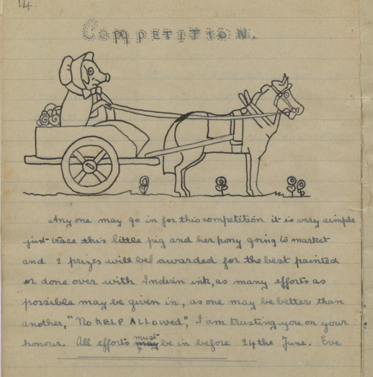 A page in a homemade magazine with a competition for colouring.