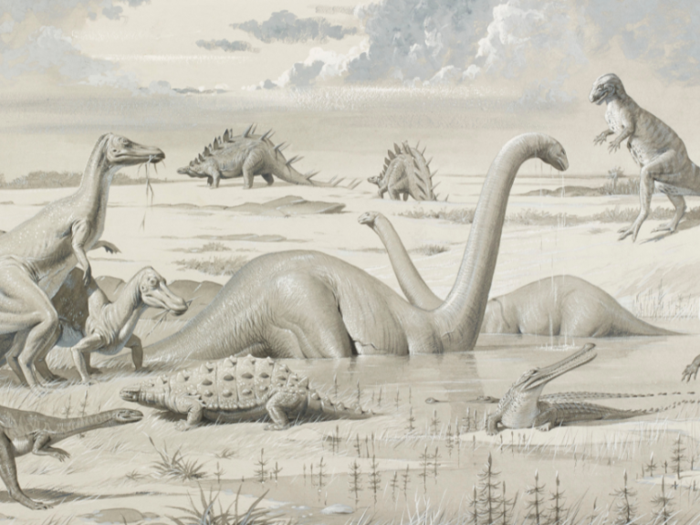 A illustration of an imagined dinosaur scene, with dinosaurs in a lake and on the lake edge. 