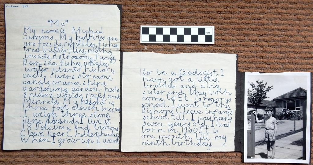 'Me' by Mike Simms, two lined pages of writing in blue ink, with a black and white photograph of Mike Simms as a boy