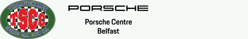 TSCC logo in green and red colours, set against a black and white chequered flag-like design and Porsche logo in black text with Porsche Centre Belfast written beneath.