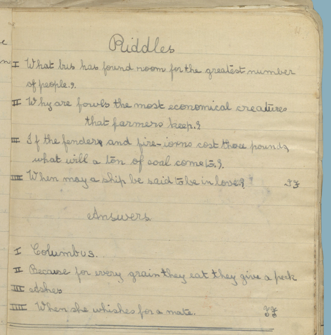 A page of riddles, including 'when may a ship be said to be in love? When she wishes for a mate.'