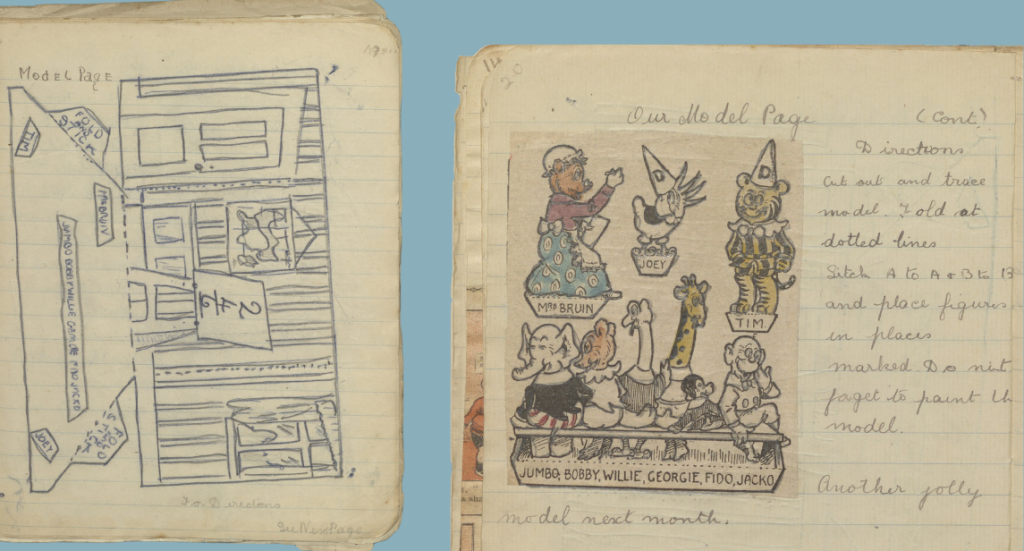 A pair of magazine pages with a cut out scene and characters.
