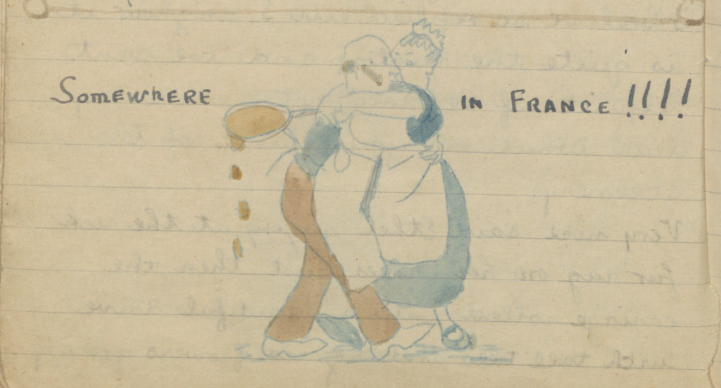 An illustration of a chef and a maid kissing.