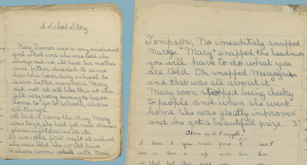 Ahandwritten story about a disobediant girl being sent to boarding school.