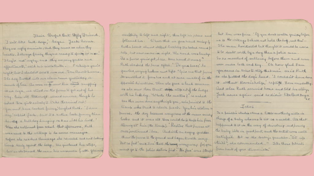 A handmade magazine from 1921 open to a story - see text below.