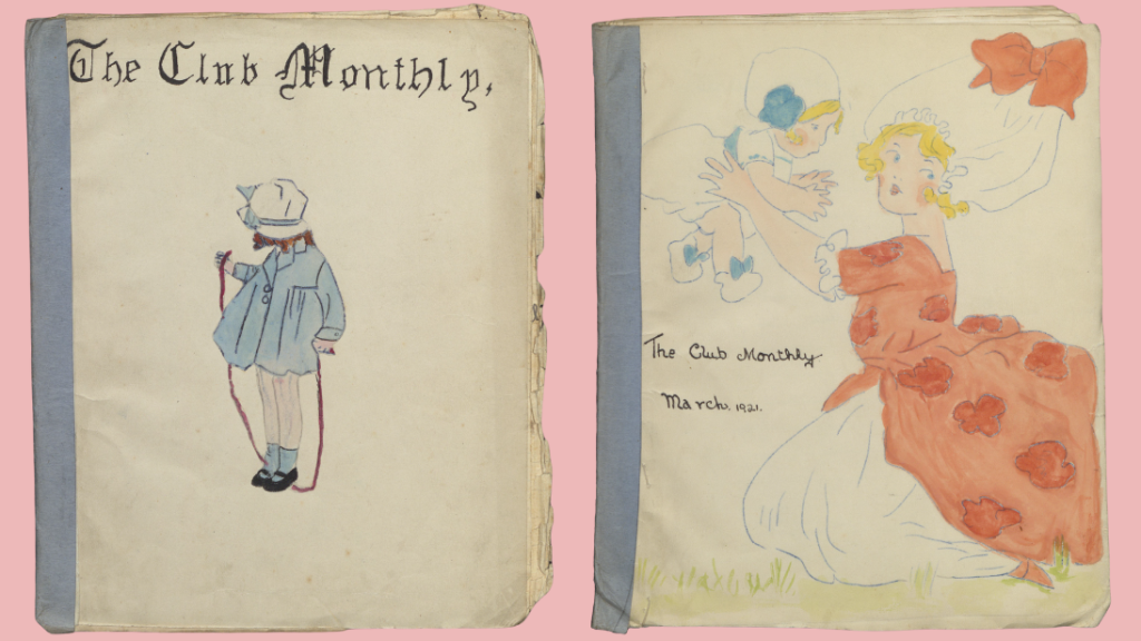 Two handmade magazines from the early 1920s. The title reads 'The Club Monthly', while both have traced illustrations on the front covers.