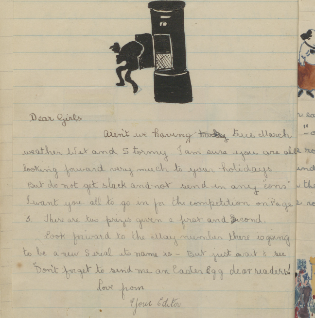 A handwritten page from an editor in a homemade magazine from 1921. 