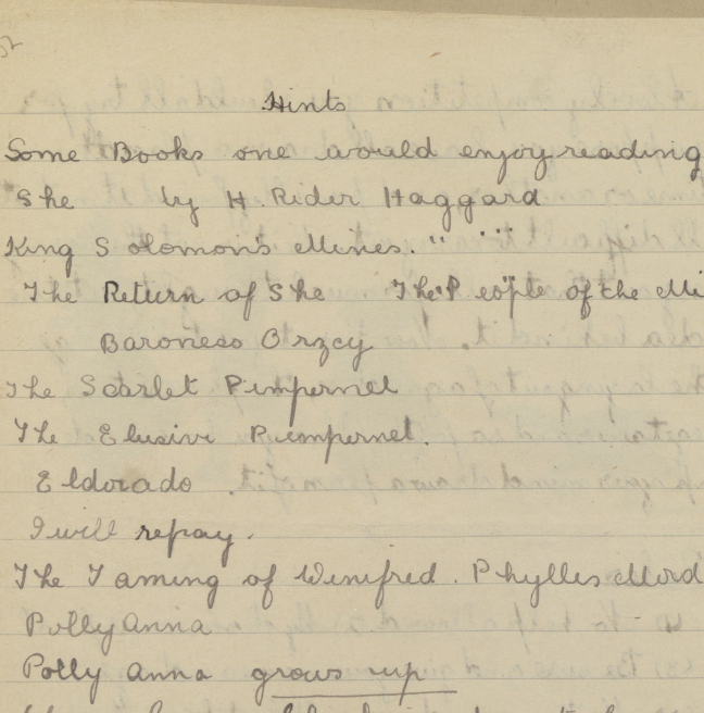 A handwritten recommended reading list, including 'Polly Anna' and 'Polly Anna Grows Up'.