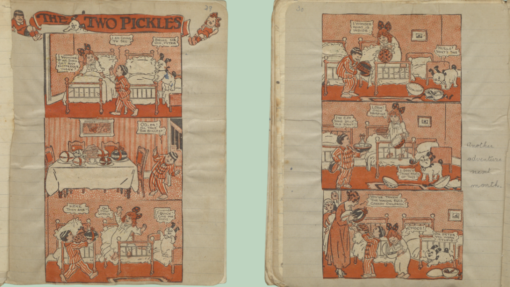 Two pages from a homemade magazine showing a comic strip cut and pasted into the magazine.