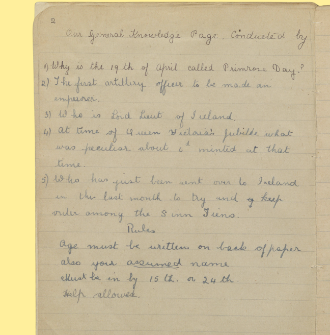 A page from a handwritten magazine with a short quiz concerning current events.