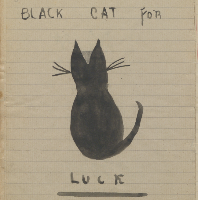 An illustration of a black cat with the words 'Black Cat for Luck'.